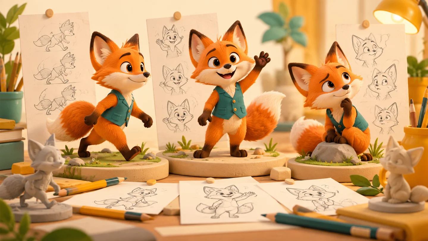 Three fox animation concepts exploring walking, waving and a curious expression