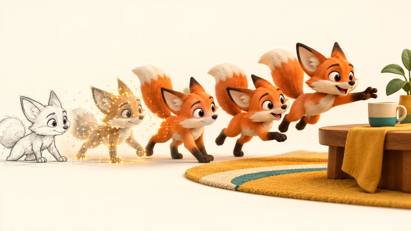 Conceptual progression from a fox reference sketch through digital points to successive animated poses
