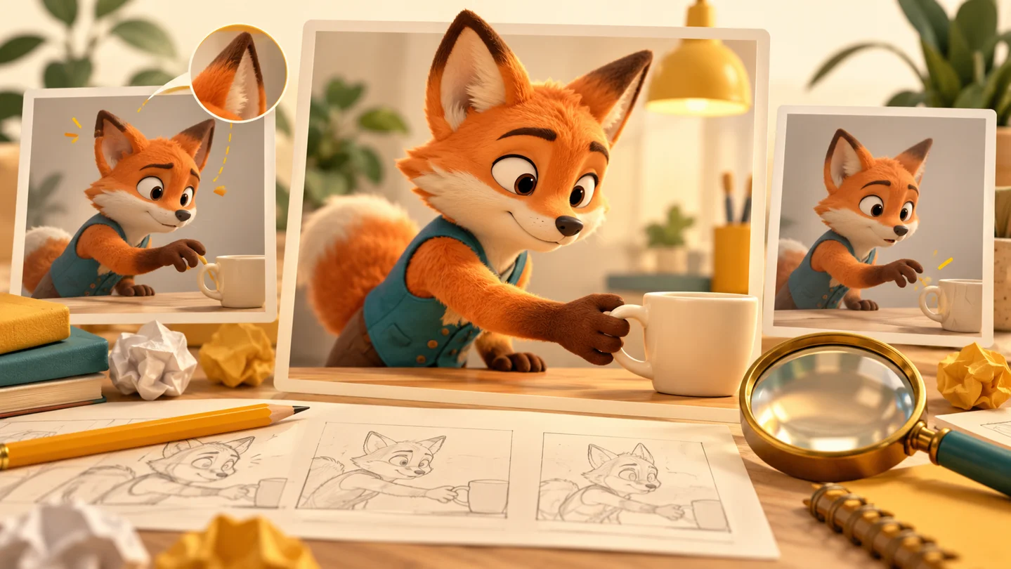 Fox animation review comparing ear consistency and hand contact with a cup
