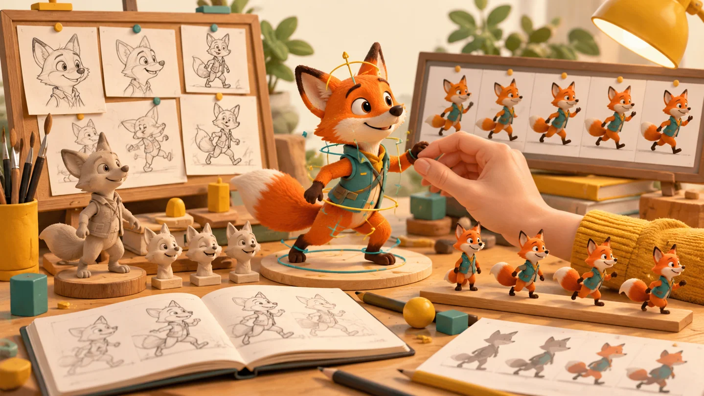 Artist refining a fox character pose alongside storyboards, rig controls and animation frames