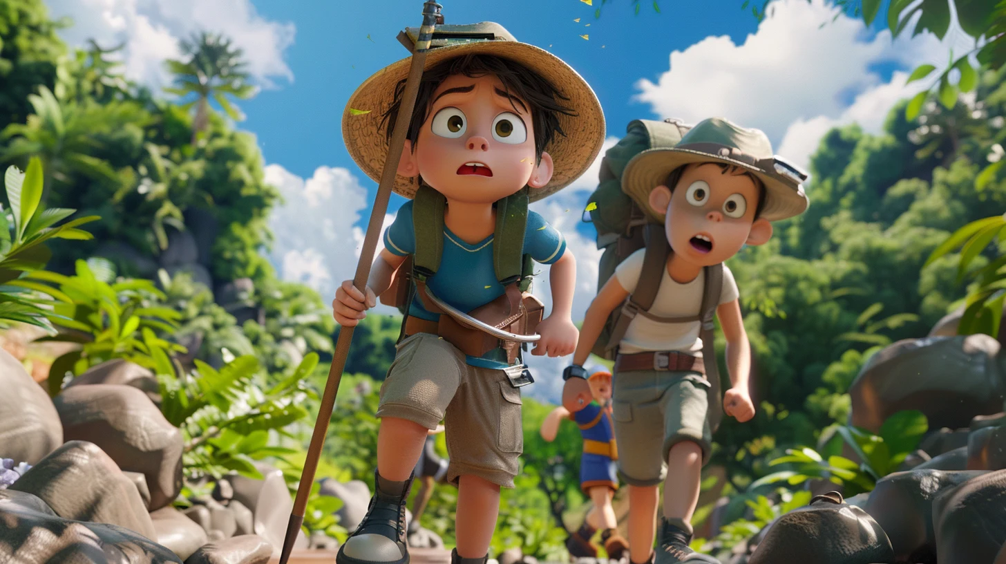 Two expressive 3D adventure characters exploring a sunlit jungle
