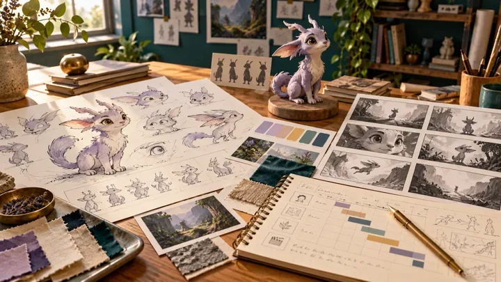 Character concept sheets, maquette and production planning on a studio desk