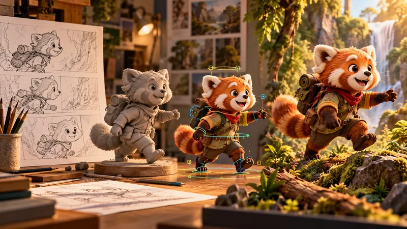 Red panda animation progressing from storyboard to clay model, rig and finished scene