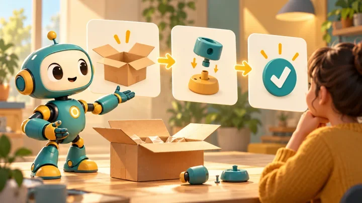 Friendly robot presenting visual steps for a product onboarding sequence