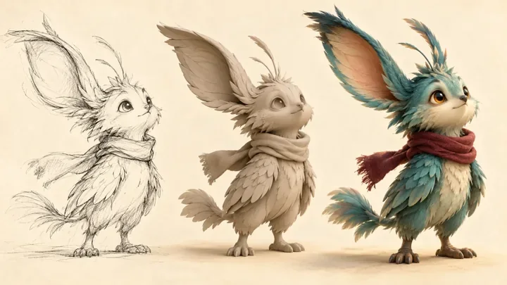 Original woodland creature shown as a sketch, clay model and finished character