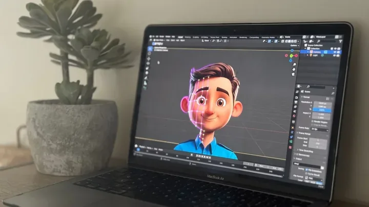 Stylized 3D character displayed in animation software on a laptop