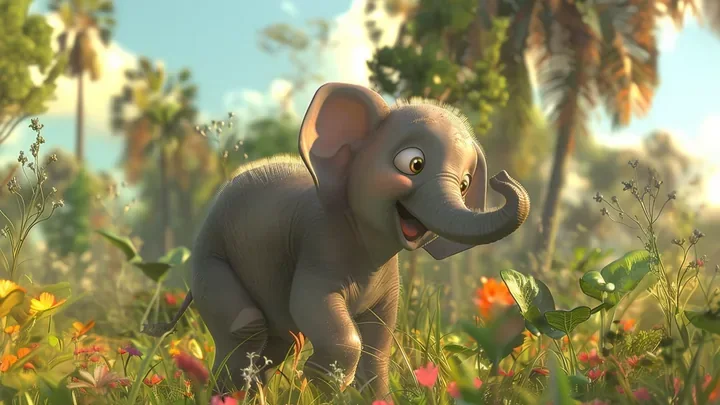 Illustrative young elephant character with dimensional skin and lighting in a garden