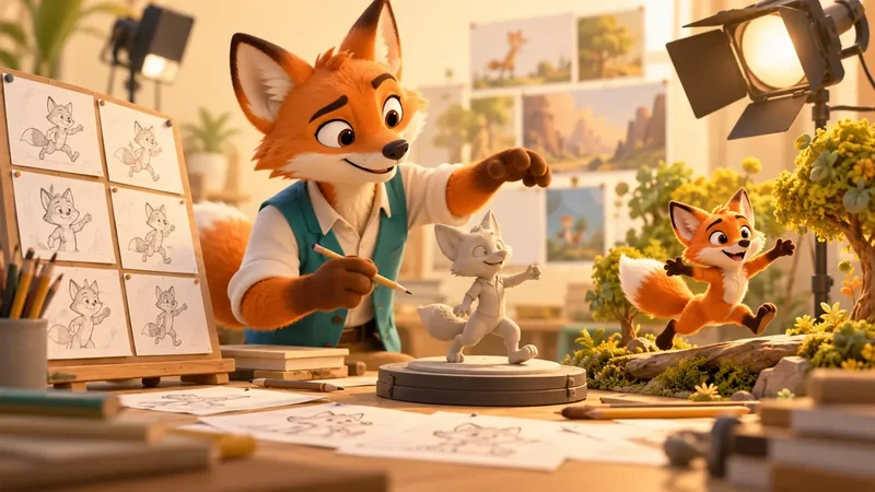 Original fox animator illustration with storyboards, a clay model and a finished animated scene