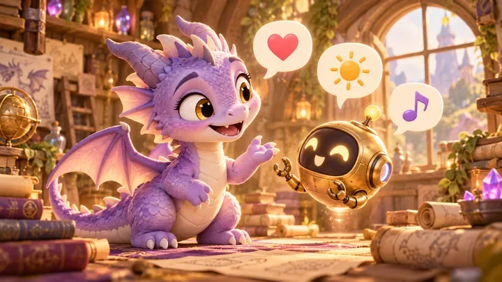Expressive lavender cartoon dragon talking with a friendly golden robot