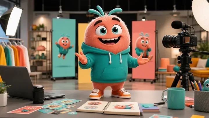 Orange cartoon mascot appearing on a phone and campaign visuals in a studio concept
