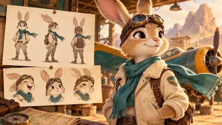 Rabbit pilot design with silhouette, costume and expression reference sketches