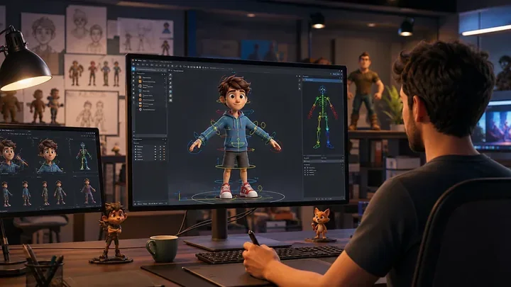 Illustrative animator reviewing a character model and rig in a studio