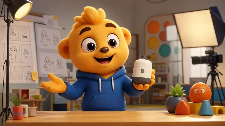 Yellow cartoon presenter holding a product in an illustrated explainer production setup