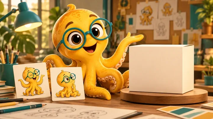 Yellow octopus mascot with teal spectacles presenting a product box