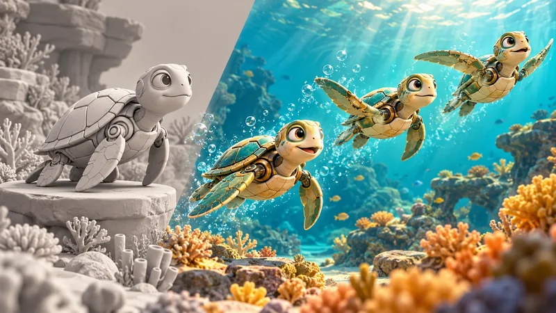 Mechanical sea turtle shown as a gray 3D scene model and a finished swimming sequence