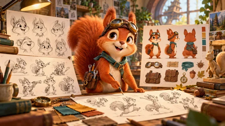 Squirrel inventor with acting, costume and personality development sketches