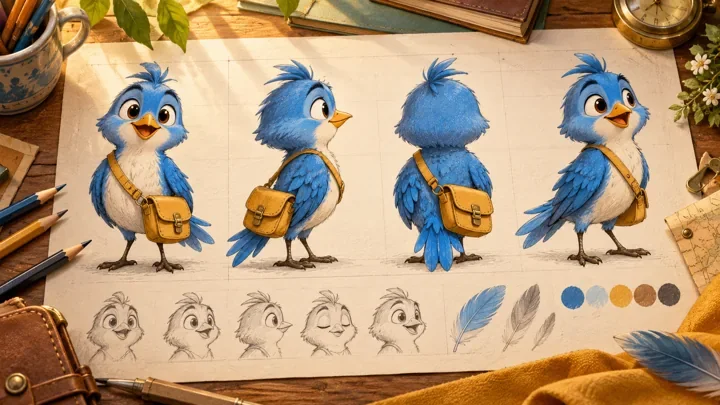 Blue bird courier character shown in front, side, back and three-quarter reference views
