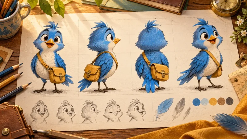Blue bird courier character shown in front, side, back and three-quarter reference views