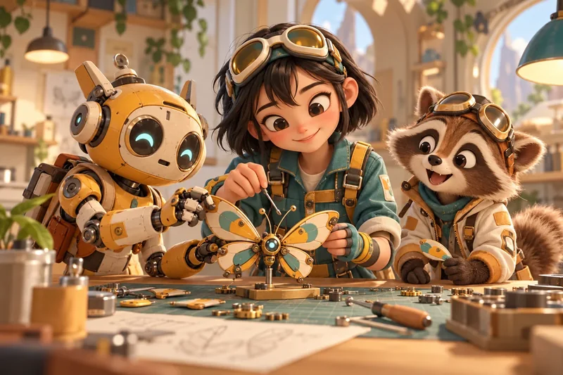 Cartoon maker, raccoon and robot building a mechanical butterfly in a sunlit workshop