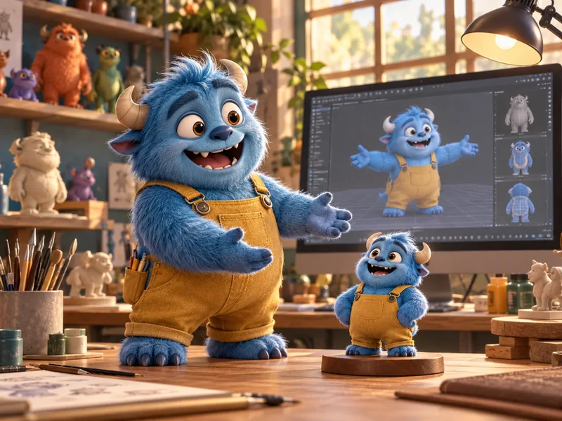 Blue cartoon character with its 3D model and animation workstation