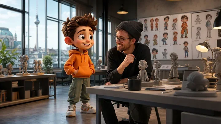 Illustrative designer reviewing a custom boy character and model studies