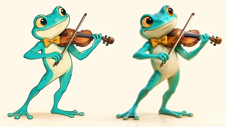 Matching frog violinist characters compared as a flat 2D drawing and dimensional 3D render