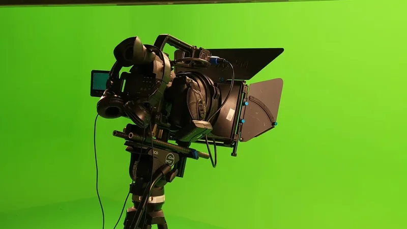 Production camera facing a green screen for visual-effects work