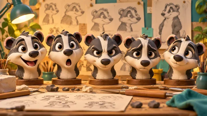 Five facial-expression studies of the same original badger cartoon character