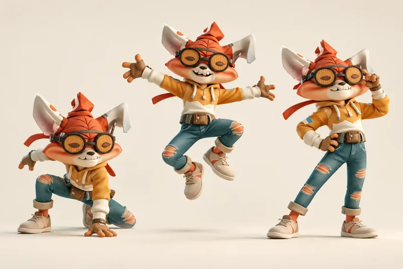 The original goggled fox refined into anticipation, jump and landing poses