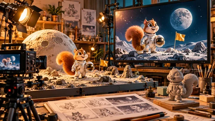 Squirrel astronaut film concept with storyboards, model, moon set and production camera