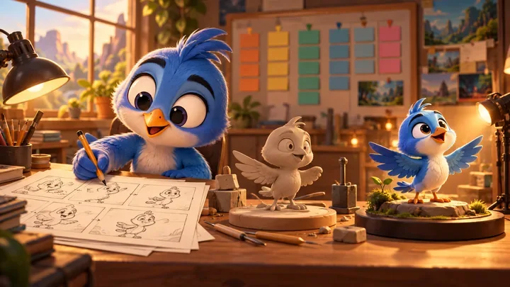 Cartoon bluebird animator planning a production timeline from storyboards to finished animation