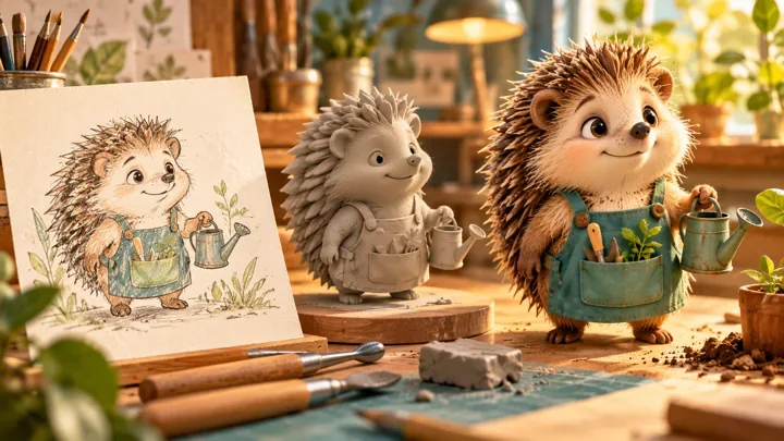 Hedgehog gardener progressing from pencil sketch to clay maquette and finished character