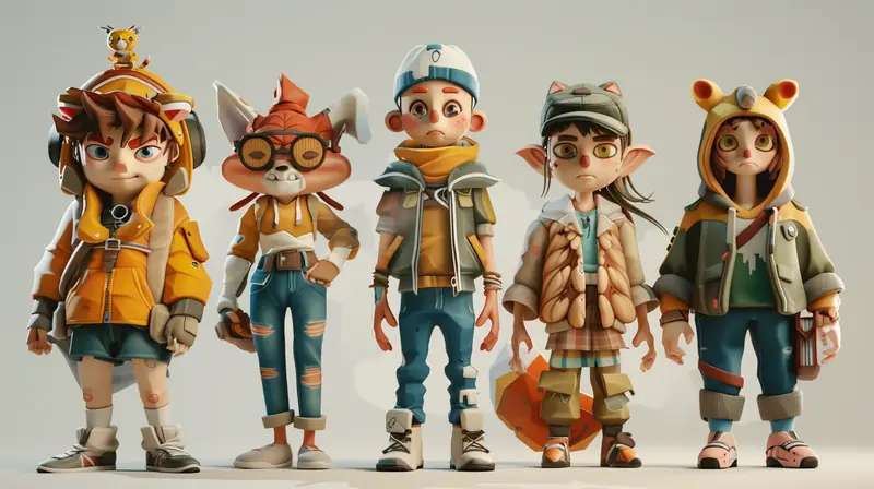 Five stylized 3D adventure characters
