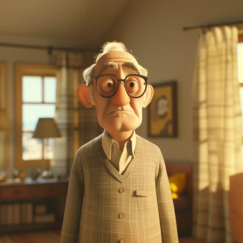 An expressive elderly cartoon character in a warmly lit room