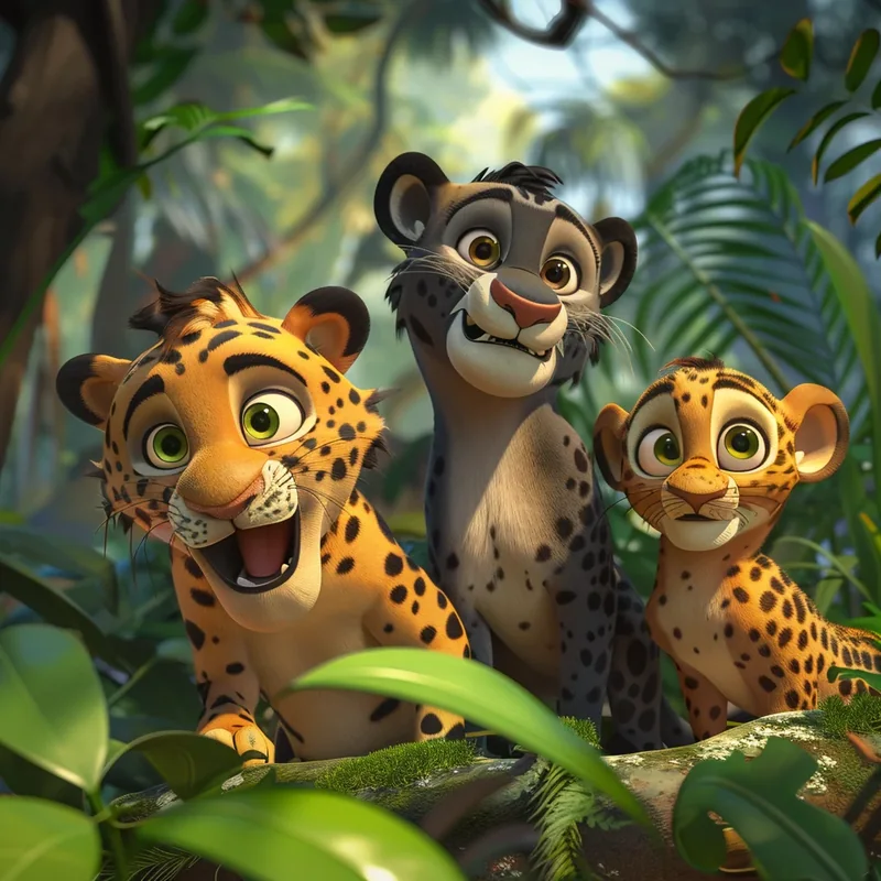 A playful group of tiger and lion characters in a lush forest