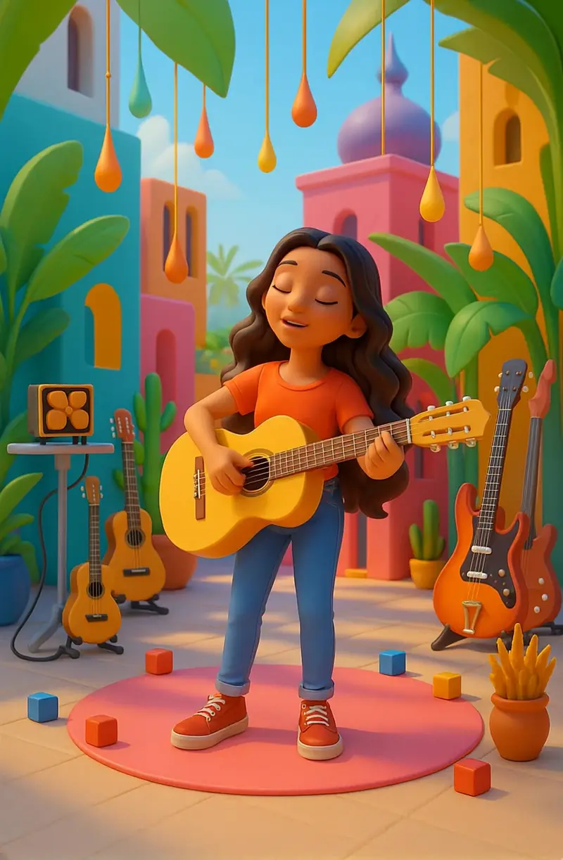 Animated cartoon musician with a guitar