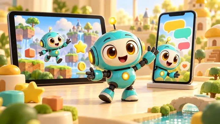 Friendly turquoise cartoon robot appearing in interactive tablet and phone experiences