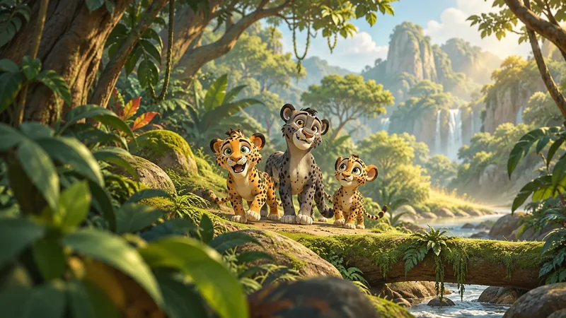 Cartoon feline family exploring a lush jungle environment
