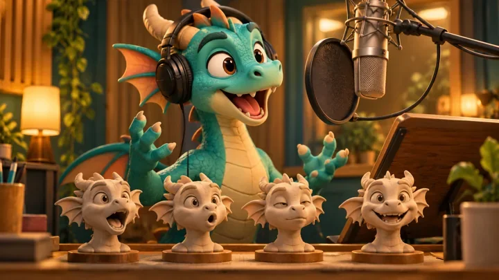 Dragon character beside a microphone with four different mouth-shape studies