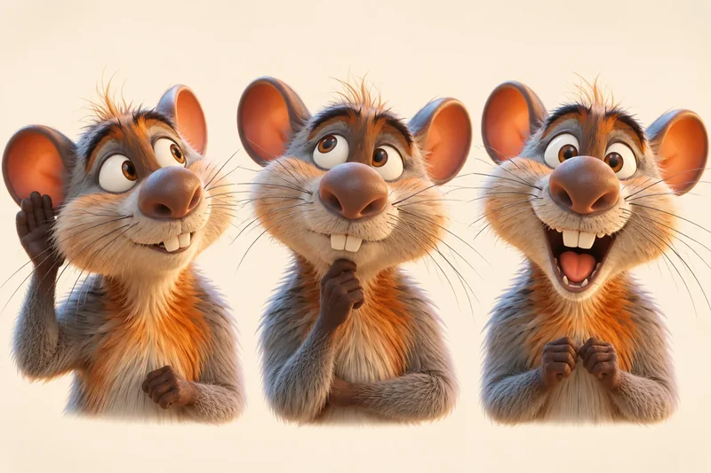 Three expressions of the original cartoon mouse: curious, thoughtful and delighted