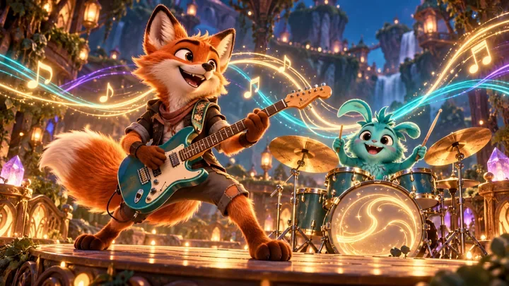 Cartoon fox guitarist and teal creature drummer performing in an animated music-video world