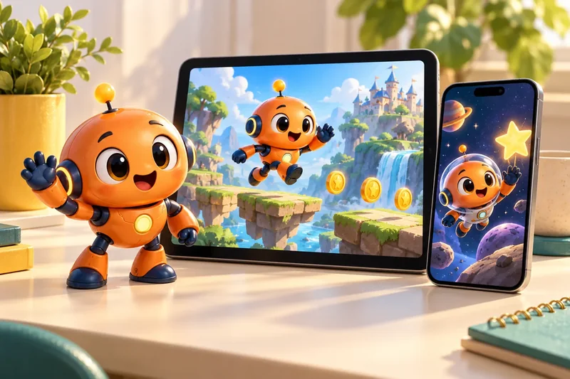 Orange cartoon robot appearing in a tablet game and mobile app