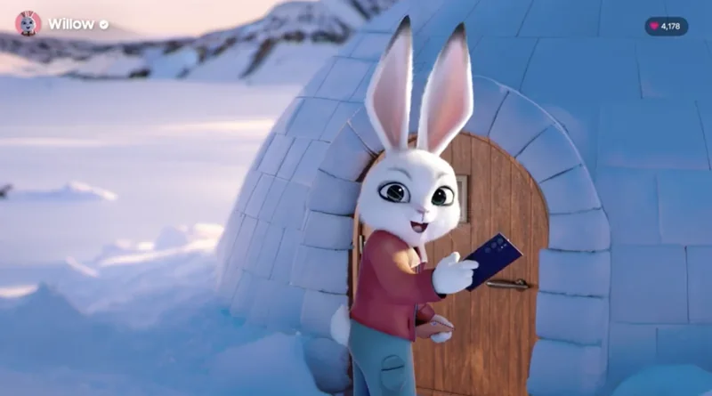 Willow holding a phone in the snowy Samsung campaign setting