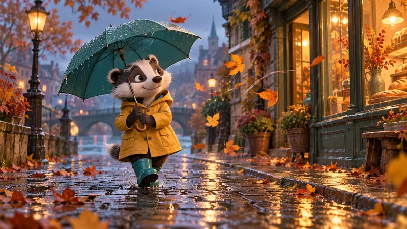 Cartoon badger in rain with windblown leaves and reflections illustrating visual effects
