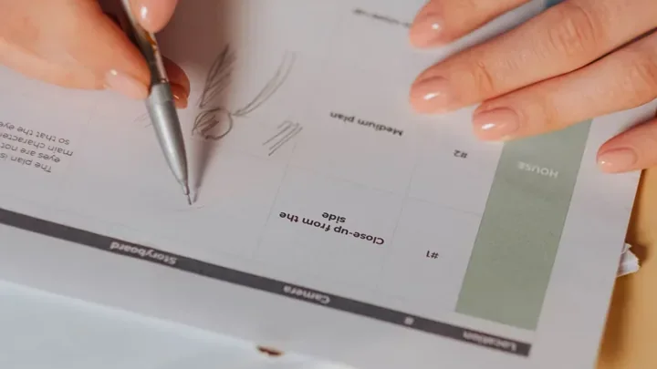 Artist sketching sequential shots on a storyboard sheet