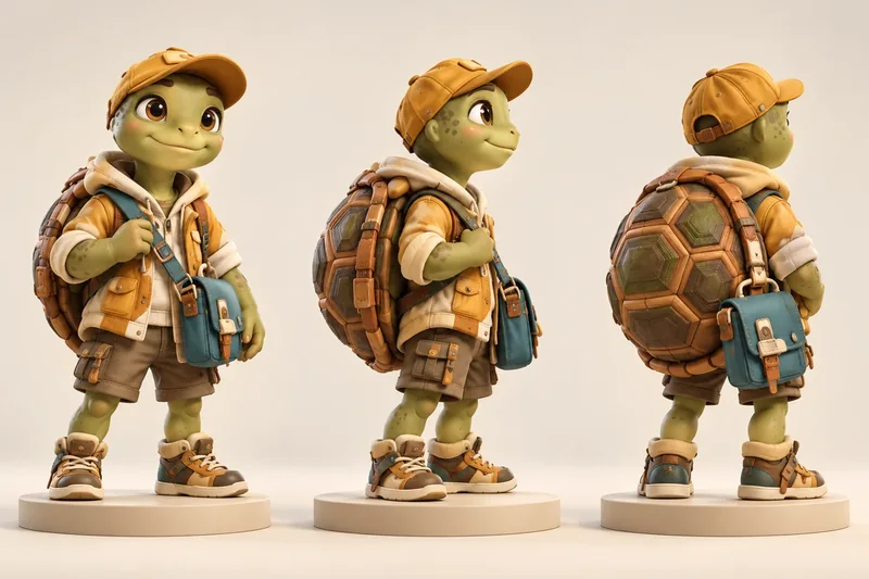 Finished 3D tortoise courier character shown from three angles