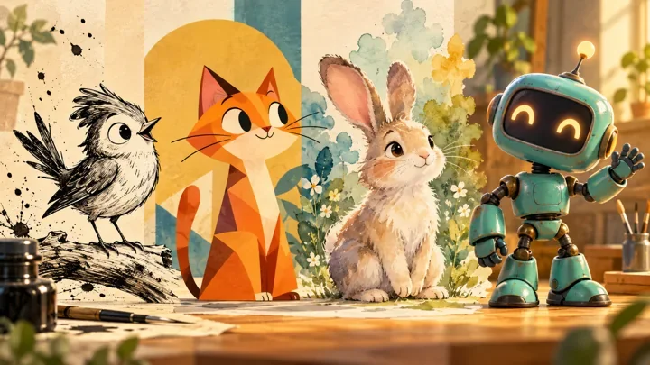Four original characters showing ink, geometric, watercolor and 3D cartoon styles