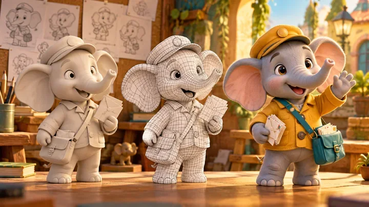 Elephant mail carrier shown as a clay model, wireframe and finished waving character