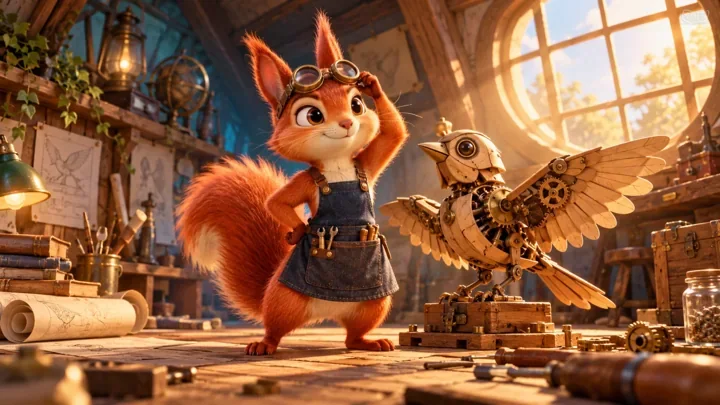 Expressive squirrel inventor beside a mechanical wooden bird