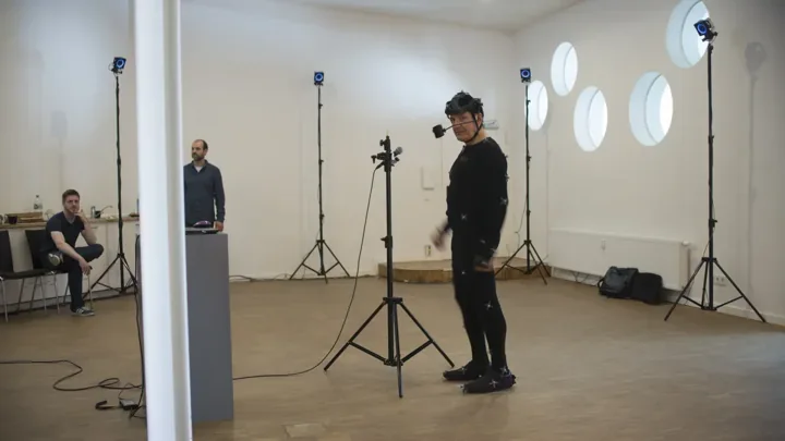 Performer and camera equipment during a Mimic Productions motion capture session